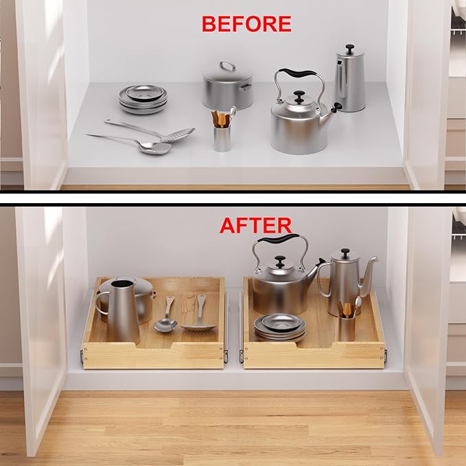 Sikarou Wood Pull Out Cabinet Organizer 17" W x 21" D, Heavy-Duty Sliding Drawers for Inside Cabinets Storage and Organization for Kitchen, Pantry, Bathroom