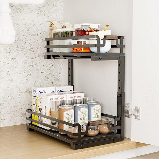 BXINREDA Under Sink Organizers, 2 Tier Slide Out Under Sink Organizers, Under Sink Storage for Bathroom Kitchen (1 Pack)