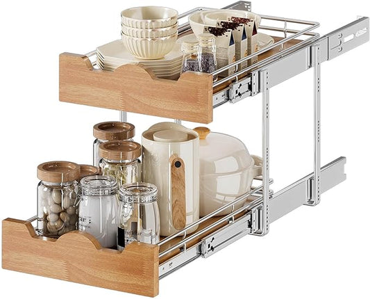 OCG Pull Out Cabinet Organizer 11" W x 21" D, 2 Tier Slide Out Shelf, Heavy-Duty Pull Out Drawer for Cabinets, Base Cabinet Organization for Kitchen, Pantry, Bathroom