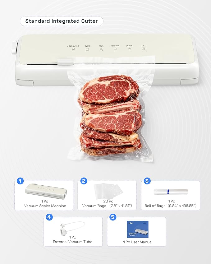 HBN Vacuum Sealer Compact Food Vacuum Sealer Machine Automatic Kitchen Food Sealer Countertop Double Heat Seal Built-in Cutter with 1 Roll & 20 Bags