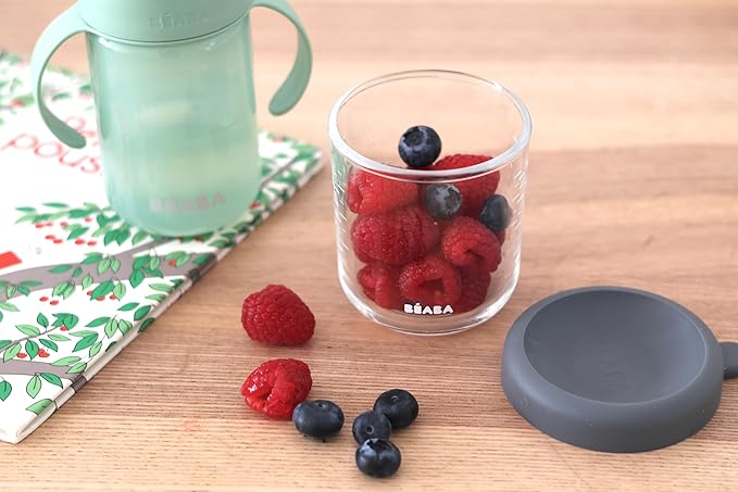 BEABA 8 oz Glass Baby Food Jars with Soft Silicone Air Tight Lids, Glass Storage Containers with Lids, Microwave and Freezer Safe Containers, Mineral