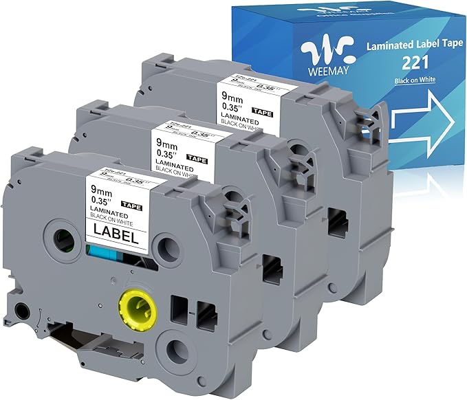 Weemay 3 Pack TZe-221 Compatible for Brother P-Touch Label Tape 9mm 0.35 Laminated White TZe TZ Tape TZ-221 TZ221 TZe221 3/8 Label for PTouch PTD210 PTD220 PTH110BP PTD410 PTD600 Printer