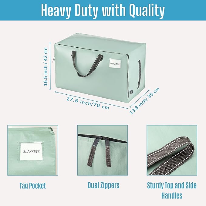 VENO 10 Pack Moving Bags and Large Christmas Decoration Storage Bins with lids. Alternative to Moving Boxes, Packing Supplies for College. Heavy Duty Totes (Shiny Light Green, 10 Pack)