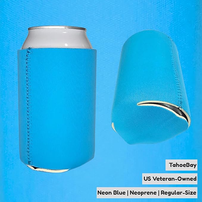 TahoeBay Neoprene Can Cooler Sleeves (50-Pack) Bulk Blank Sublimation Blanks for Vinyl Regular Size Plain Beer Coolers for Soda Cans & Bottles Black, White, Solid Color Set (Neon Blue)
