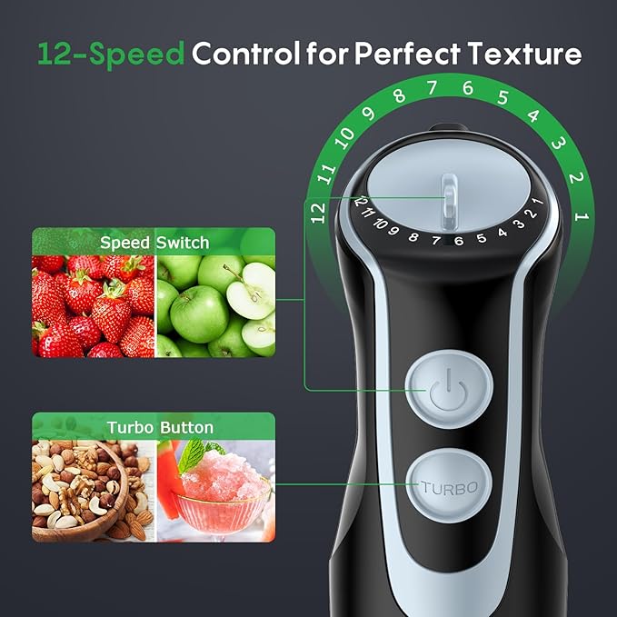FRESKO Immersion Blender Handheld, 4-in-1 Stainless Steel Hand Electric Stick Mixer with 12-Speeds & Turbo Mode, Powerful 500W Emulsion Blender with Beaker, Chopper & Whisk