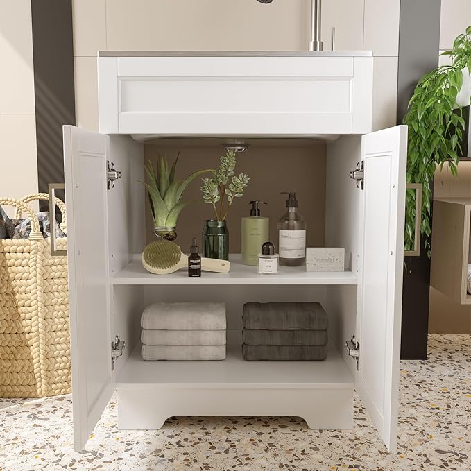 Laundry Sink Cabinet with Stainless Steel Sink and Pull-Down Faucet, 24 Inch Large Utility Sink Cabinet for Laundry/Utility Room, Kitchen, Bathroom and Garage, White
