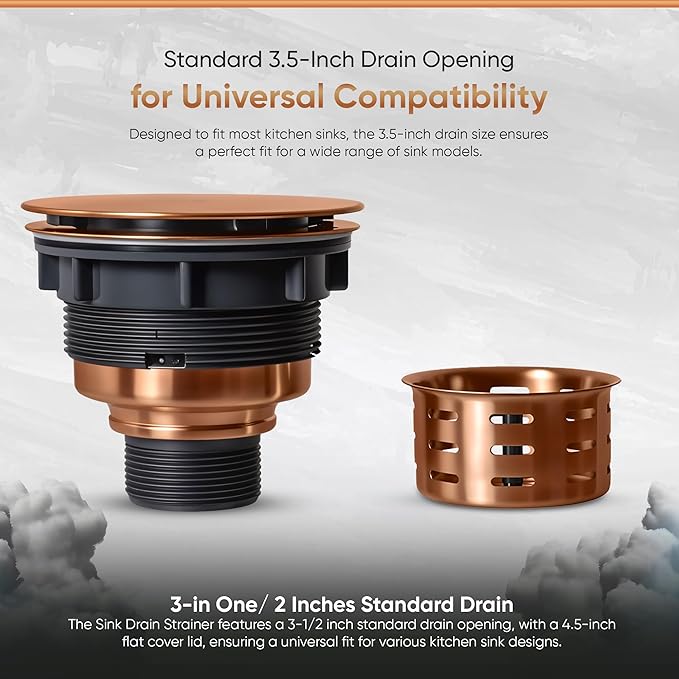 Strictly Sinks Sink Drain Strainer with Removable Basket - 3-1/2 Inch Stainless Steel Round Kitchen Sink Drain Assembly Kit with Deep Strainer Basket & Flat Cover Lid (Copper)