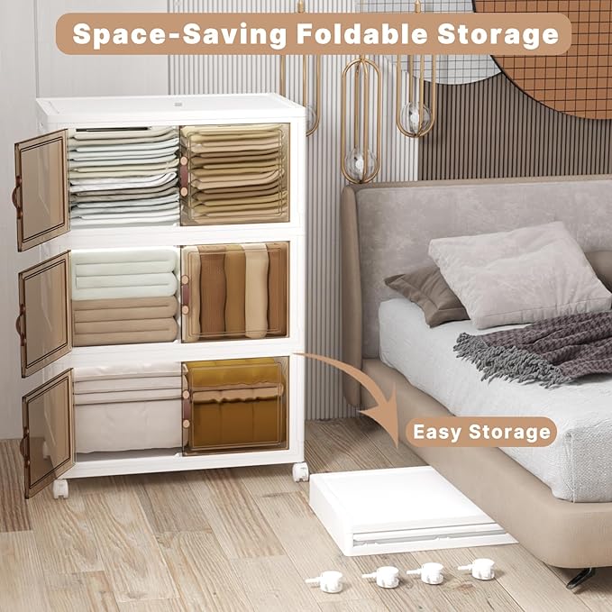 Extra Large Stackable Storage Bins with Lids & Wheels, 1344QT-168QT/42GAL*4Pack Foldable Collapsible Closet Organizers Storage Cabinet with Doors for Bedroom Dorm