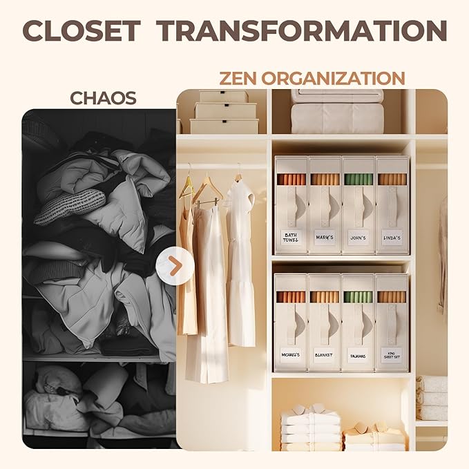 4Pack Linen Sheet Organizers and Storage - King/Queen Size Sheet Storage Organizer with Window, Foldable & Dustproof Sheet Organizer for Linen Closet for Summer Blankets & Sheet Sets,Off-white