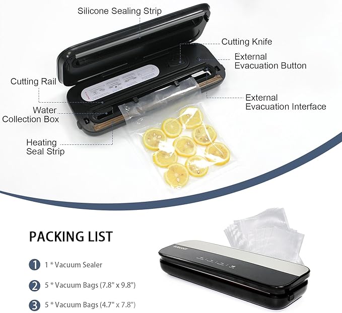 Vacuum Sealer for Food Preservation, 65 Kpa Suction Compact Food Saver Vacuum Sealer Machine, Versatile Sealing Machine with Sliding Cutter, Digital Countdown Timer