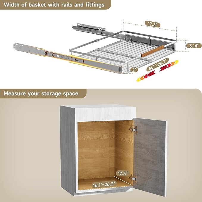 taiheis 1 Pack Expandable Pull Out Cabinet Organizer，Side Mounting 16.3~26.3"x17.3"Cabinet Pull Out Shelves, Expandable Slide Out Spice Rack for Kitchen Bathroom Office