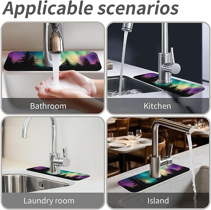 Kitchen Sink Splash Guard，Arctic Lights in Alaska Faucet Mat Sink Gadgets-Super Absorbent Fast Drying Mat Drip Catcher for Kitchen, Bathroom,Sink Mat, Dish Drying Mat, Bathroom(15" X 5.5" )