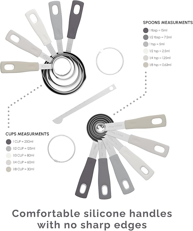 CuttleLab Measuring Cups and Measuring Spoons Set of 14 - Stainless Steel Measuring Cups and Spoons Set, Includes 1/8 Teaspoon Measuring Spoon, 1/8 Cup Measuring Cup, Leveler Dry (14, Charcoal)