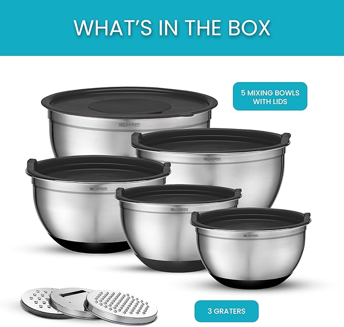 Mixing Bowls with Airtight Lids - 8PCS Stainless Steel Nesting Mixing Bowls Set with 3 Grater Attachments & Non-Slip Bottoms, Kitchen Bowls, Sizes 5, 4, 3.5, 2, 1.5QT for Baking & Food Prep (Black)