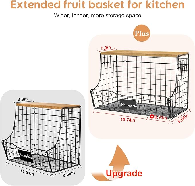 Extra Large Fruit Basket for Kitchen with Wood Lid Nameplate - Counter&Wall Mounted Onion and Potato Storage Bin, Stackable Metal Hanging Wire Baskets kitchen countertop organizer Pantry 3 Pack
