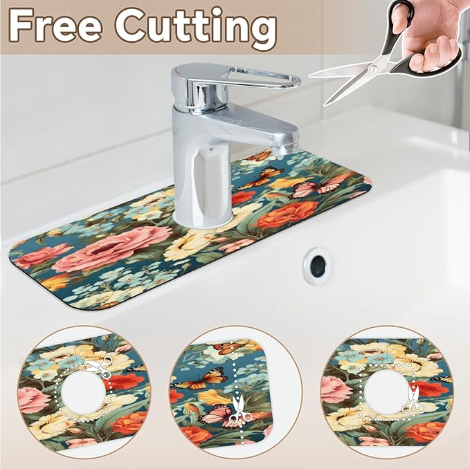 Vivid Flora Butterfly Blend Kitchen Faucet Mat Splash Guard, 15.4”x5.7” Absorbent Quick Drying Sink Mat for Countertop Protection, Draining Mat Sink Protectors For Kitchen Bathroom, 1 Pack