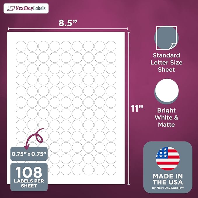 NextDayLabels 0.75 Inch Round Circle Stickers White for Bleeds Laser Inkjet - 108 Per Sheet Self-Adhesive Color Coding Inventory Labels Made in USA - 27,000 Labels
