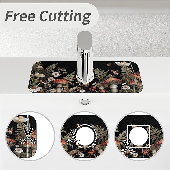 Kitchen Sink Splash Guard，Dark mushrooms and butterflies Faucet Mat Sink Gadgets-Super Absorbent Fast Drying Mat Drip Catcher for Kitchen, Bathroom,Sink Mat, Dish Drying Mat, Bathroom(15" X 5.5" )