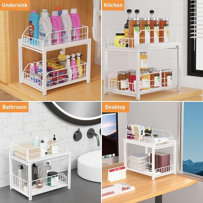 Lxmons 2 Tier Sliding Basket Drawer Organizer, Pull Out Under Sink Cabinets Organizers, Metal Home Shelf for Bathroom or Kitchen, Sliding Countertop or Pantry Storage Shelf, White