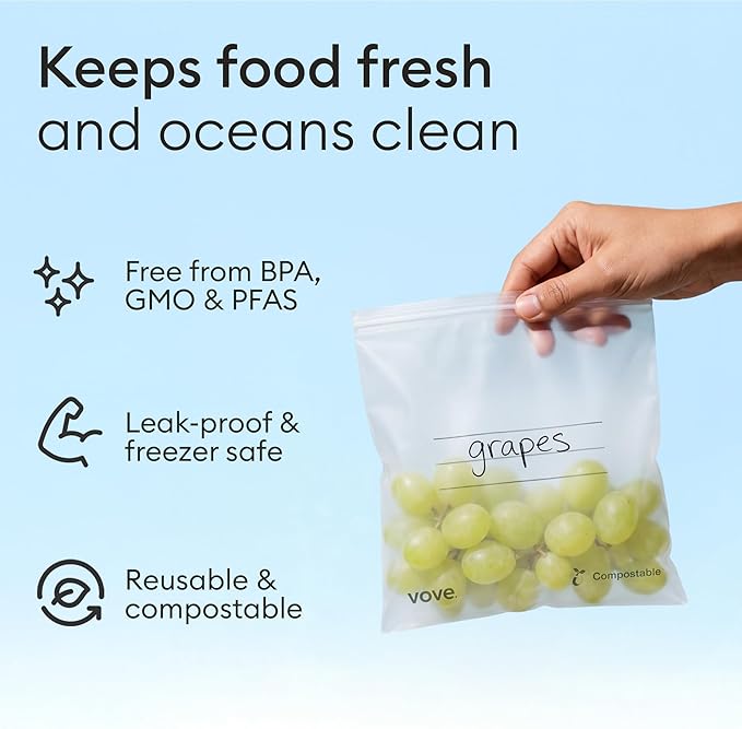 Vove Compostable Storage Bags 140 Ct Multi-Size (S/M/L/XL) – PFAS-Free, BPI Certified, Freezer Safe with Airtight Seal for Food & Meal Prep, Plant-Based