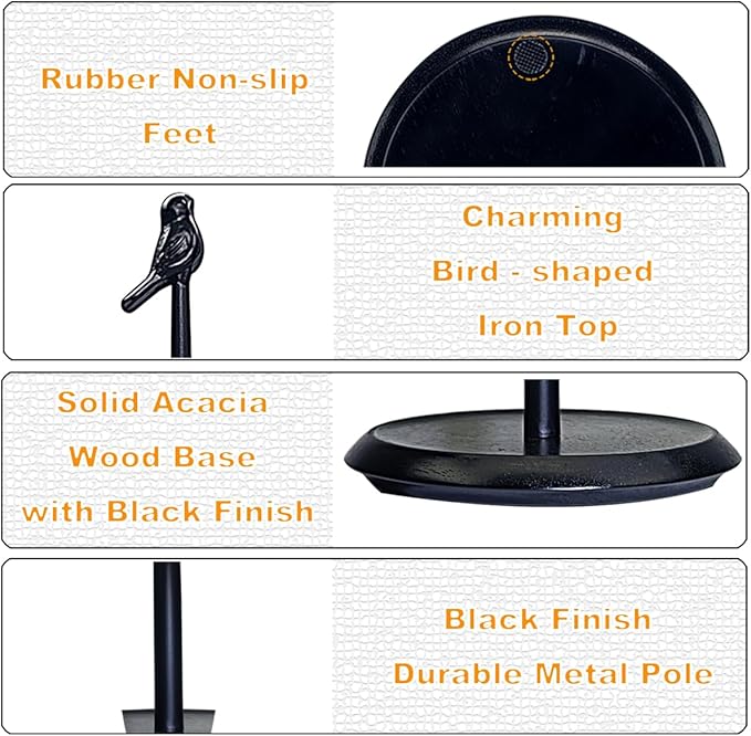 Black Paper Towel Holder Stand for Countertop with Solid Wood Base and Wrought Iron Bird, Rustic Farmhouse Vintage Cottage Core Kitchen Decor, Stable Towel Dispenser with Non-Slip Pad