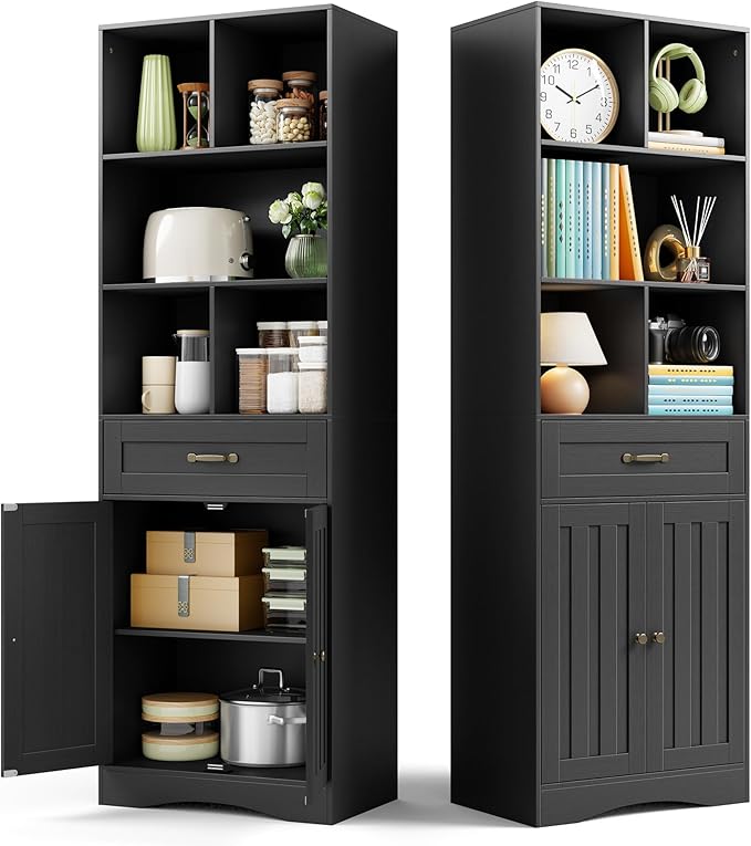 Gizoon 71'' Tall Storage Cabinet, Bathroom Storage Cabinet, Kitchen Pantry with Doors & Drawers, Adjustable Shelves, Anti-tip, Metal Handle, for Bathroom, Living Room, Office, Kitchen, with Black