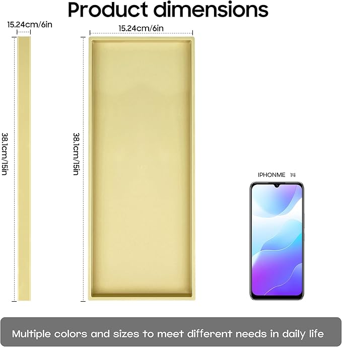 Mriluvy Vanity and Bathroom Tray, 15" ABS Countertop Organizer,Waterproof Vanity Tray for Toilet Tank,Perfume,Soap,Keys,Bathroom Accessories,Kitchen and Bath Trays,Non Slip Small Trays,Gold