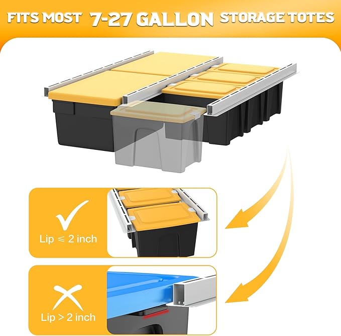 WALMANN Overhead Tote Storage Rail System, Garage Ceiling Bin Storage Rack Heavy Duty Adjustable Tote Slide Rails(White, Bins not Included)