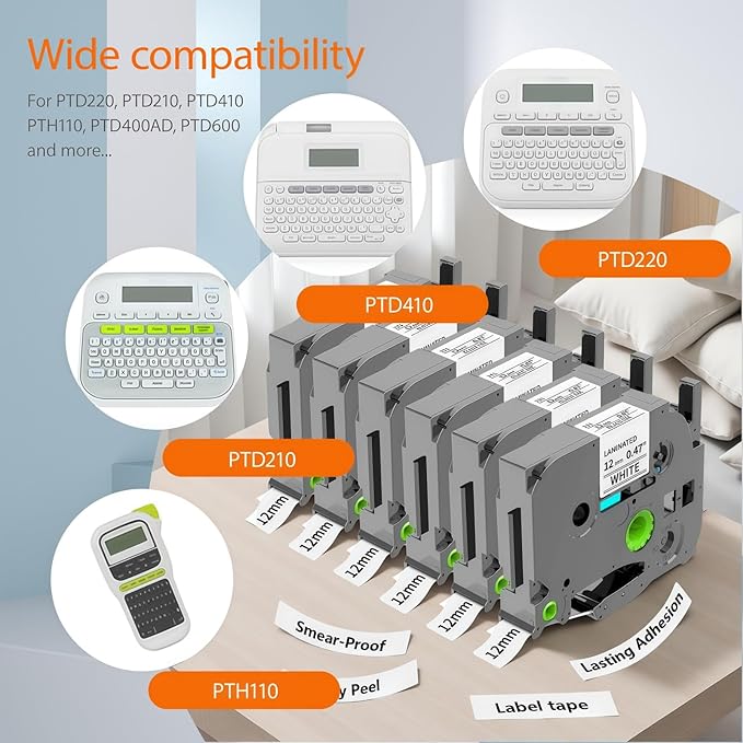 6-Pack Label Maker Tape Replacement 12mm 0.47 White Laminated for P Touch, Compatible with PTouch TZ-TZe 1/2" Black & White TZE231 for PT-D220 D210 H110 D200 D400 D610BT Refills (Black on White)