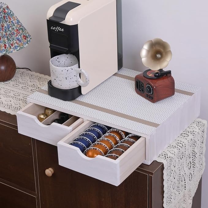 DDYURI Kitchen Storage Organizer with 2 Drawers for Coffee Brew K Cup/Coffee Pod Holder - Office Organization Drawer for Desk, Multi-Purpose Mini Wood Cabinet Countertop Stand Shelf CF1D2C White