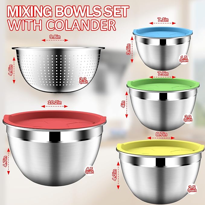 DUTZUN Mixing Bowls with Strainer, Mixing Bowl with Lids Set, Stainless Steel Mixing Bowls, Kitchen Gadgets 2025 Salad Bowls with Strainer for Mixing & Preping & Baking, Multicolor