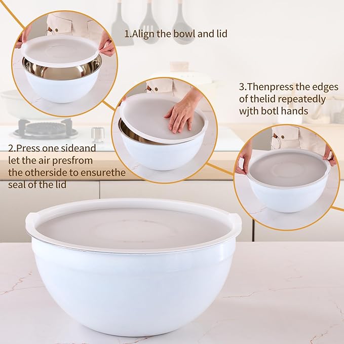 Moxinox White Mixing Bowls with Airtight Lids, Stainless Steel Nesting Mixing Bowls Set of 7, Ideal for Baking, Prepping and Serving Food, Size 7, 3.6, 2.7, 2.1, 1.5, 1.1,0.8 QT, Stackable Design