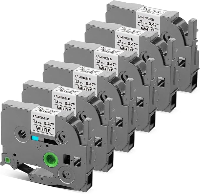 TZe-231 TZe TZ Tape 12mm 0.47 Laminated White AZe Label Tape Replace for Brother Label Maker Tape TZe231 Work with Brother P Touch Label Maker PT-D210 PT-H110 PT-D220 PT-D400 D600 D610BT 6-Pack