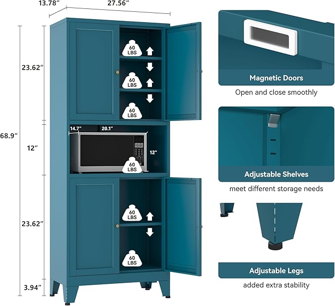 YAUWOH Metal Pantry Storage Cabinet, 69" Tall Storoge Cabinet with 4 Doors & 3 Adjustable Shelves, Microwave Stand with Storage for Kitchen, Dining Room, Living Room (1PC,Blue)