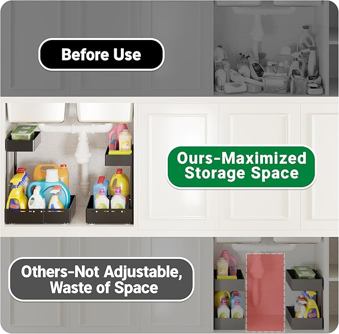 Pull Out Under Sink Organizer 2 Pack, 2 Tier Expandable Under Cabinet Storage with Height Adjustable Design for Kitchen Bathroom Laundry Room