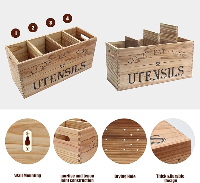 Utensil Holder for Bakers and RV Kitchens - Extra Large 4 Compartment Wooden Countertop Organizer Storage for Cooking Tools, Kitchen Utensils, Daily Essentials in Solid China Fir Wood