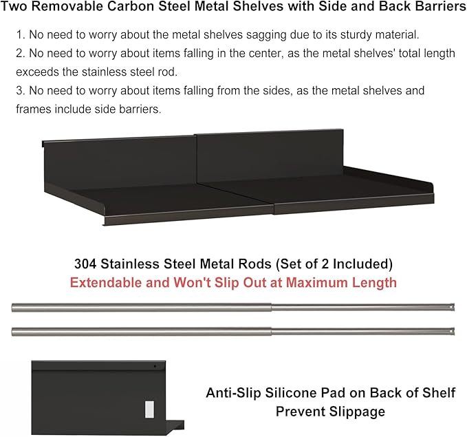 SHINEWON Expandable Under Cabinet Shelf Organizer with 0.94-Inch Thick Clips, Heavy Duty Extendable Under Shelf Storage Basket for Pantry or Laundry Room, Black, 1 Pack, Interior: 5.7" H x 7.2" D