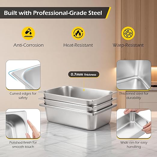 Dyna-Living 6 Pack Hotel Pans Full Size, 6 Inch Deep Stainless Steel Steam Table Pan with Lids Anti Jam Stackable Commercial Food Pans for Buffet Hotel Home Restaurant Party Catering Supplies