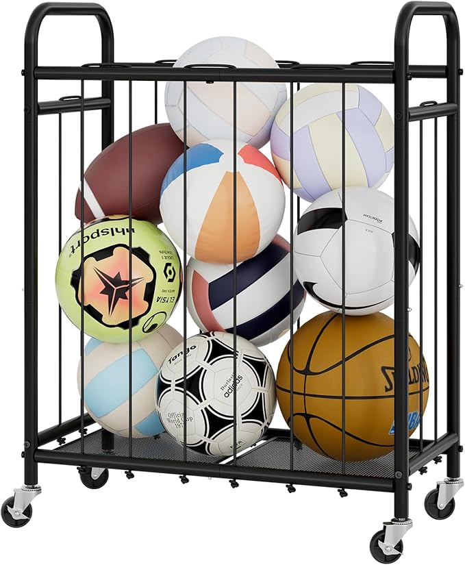 StorageWorks Ball Storage with Wheels, Ball Cart for Garage, Garage Sports Equipment Organizer, Balls Organizer for Basketball, Football, Volleyball