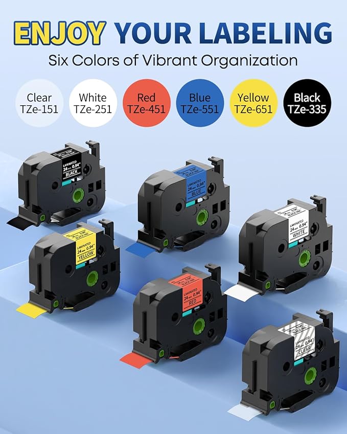 Replacement for Brother P Touch Label Maker Tape 1 Inch TZe TZ Tape 24mm 0.94 Laminated Multicolor, Compatible with PT-D600 PT-D610BT PT-P700 PT-P710BT, Clear/White/Red/Blue/Yellow/Black, 6-Pack