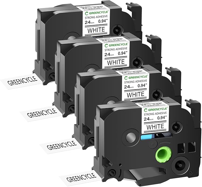 GREENCYCLE Extra Strength Adhesive Black on White Label Tape Compatible for TZE-S251 TZS251 AZES251 0.94" 24mm for PT2730 PT9600 PTD600VP PTD800W PTH500LI PTP700 PTP710BT PTP750W-4 Pack