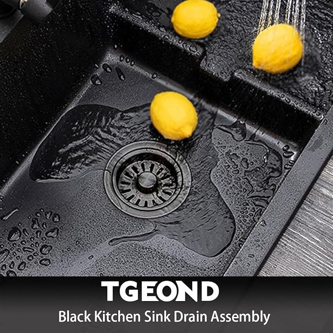 Black Kitchen Sink Drain Assembly, TGEOND 3-1/2 inch Polymer Kitchen Drain Strainer Kit with Removable Basket Strainers Stopper Matching for Granite/Fireclay Sinks