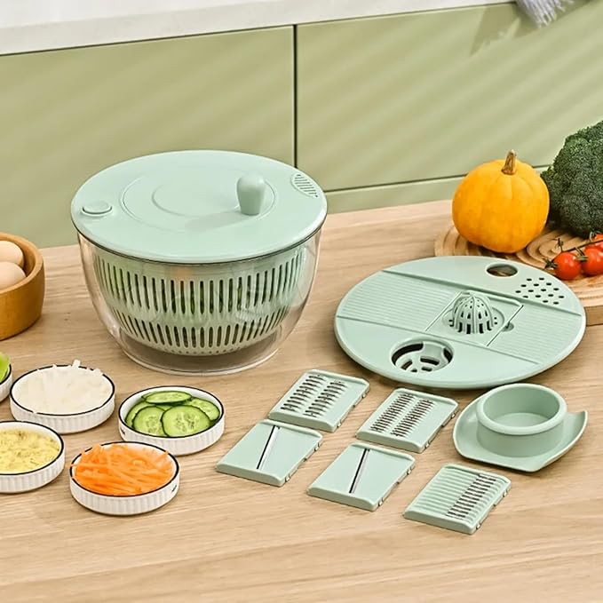 Salad Spinner large with 5-Blade Slicer, 5.3 Qt Salad Dryer for Washing, Spinning, and Draining Greens, Fruits, and Vegetables, Egg Yolk Strainer, Salad Bowl for Efficient Salad Preparation and Food