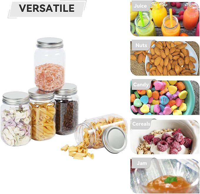 novelinks 16 oz Clear Plastic Jars with Lids, Refillable 16oz Mason Jars with Lids & Storage Containers for Kitchen & Household Use (15 Pack,Silver)