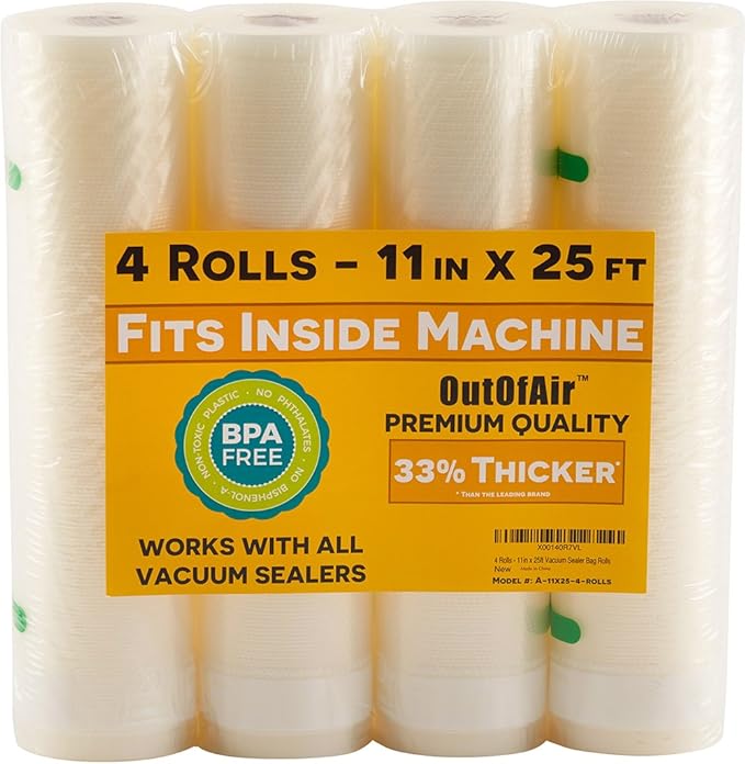 OutOfAir Vacuum Sealer Rolls - 11” x 25’ (4 Pack, 100ft) - Heavy-Duty, 33% Thicker, BPA-Free, Works with FoodSaver, Weston, Anova & More - Food Storage, Sous Vide, Freezer, Microwave & Boil Safe