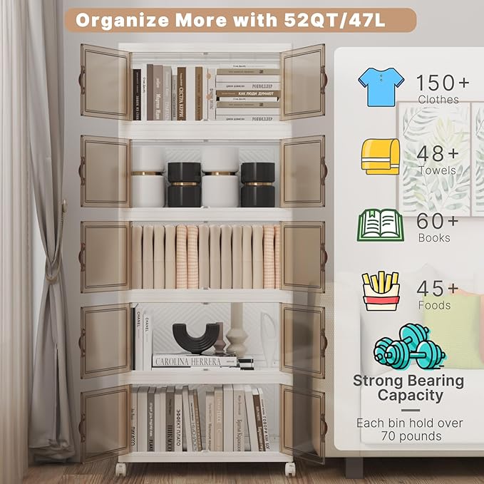Extra Large Stackable Storage Bins with Lids & Wheels, 275QT-55QT/14GAL*5Pack Foldable Collapsible Closet Organizers Storage Cabinet with Doors for Bedroom Dorm