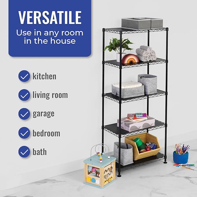 SafeRacks - NSF Certified Storage Shelves, Zinc, Heavy Duty Steel Wire Unit with Adjustable Feet, Garage or Bakers Rack, Kitchen, Pantry Shelf - (24"x14"x60" 5-Tier) (Black)