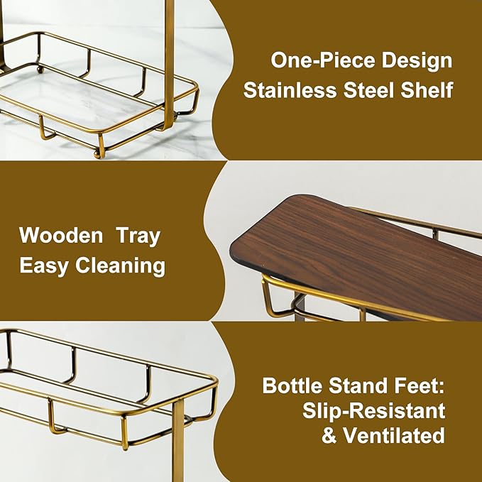 Dobbyby Bathroom Organizer Countertop Perfume Organizer Makeup Organizer Cosmetics Storage Display Rack Vanity Tray Dresser Stainless Steel Gold Shelf Wooden Tray
