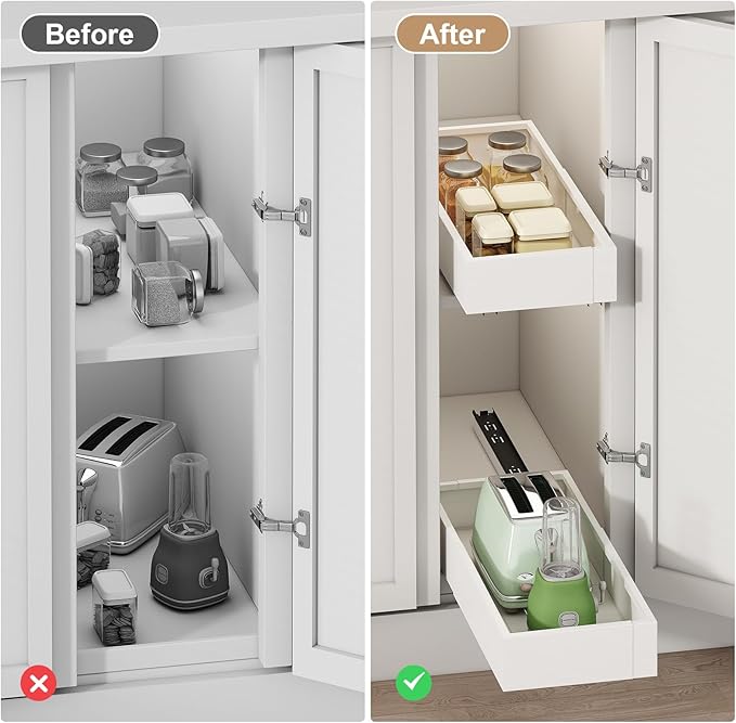 Pull out Cabinet Organizer,Width (7"-11") and Depth (17"-24") Expandable With 3 Rails,No Drill Adjustable Slide out Drawers for Kitchen,Pantry,Adhesive Roll out Shelves,for Cabinets Without Lip,White