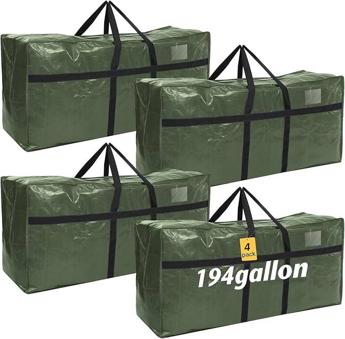 4 Pcs 194 Gallon Extra Large Moving Bags Heavy Duty Storage Bag with Strong Zipper Handle Foldable XXL Jumbo Storage Tote Packing Moving Box for College Dorm Travel Cloth Duffle (Green)